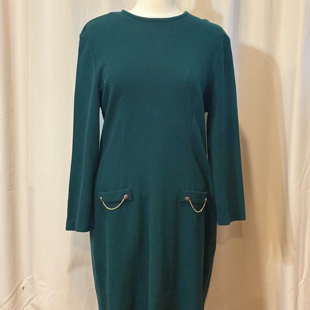 VINTAGE!! 80s-90s Paquette Too! Green Long Sleeve Dress with Chain Accents